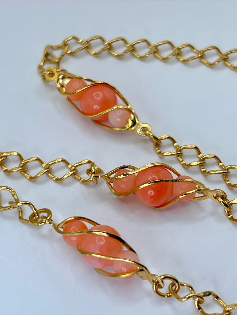 Avon Coral Red Glass Beaded Necklace Vintage Wire Wrapped Station Chain Necklace